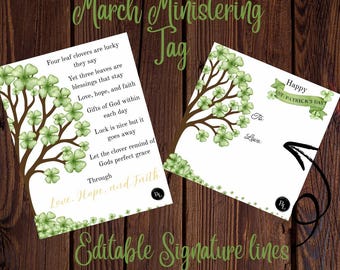 March, St. Patrick's Day Ministering Tag, Editable Clover Design (PDF Printable)