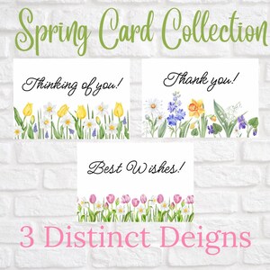 May include: Three printable greeting cards with floral designs. The cards feature the text "Thinking of you!", "Thank you!" and "Best Wishes!" The cards are set against a white brick background.