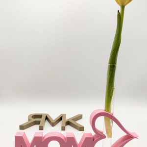 Pu&ograve; includere: Segno 3D MOM rosa con un vaso a forma di cuore che contiene un solo tulipano arancione e giallo.