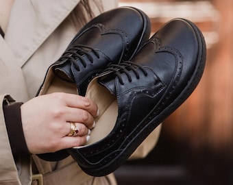Barefoot Oxford Shoes Women Black Leather | Minimalist Dress Shoes Wide Toe Box Zero Drop | Handmade Leather Shoes | Jenny by Apavo
