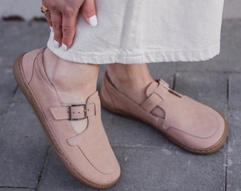 Barefoot Loafers Women Beige Nubuck – Minimalist Wide Toe Box Zero Drop Leather Shoes – Comfortable Slip On Shoes