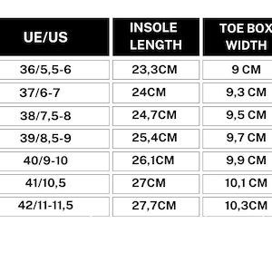 May include: A shoe size chart with measurements in centimeters. The chart includes EU/US sizes, insole lengths, and toe box widths. Sizes range from 36/5.5-6 to 42/11-11.5.