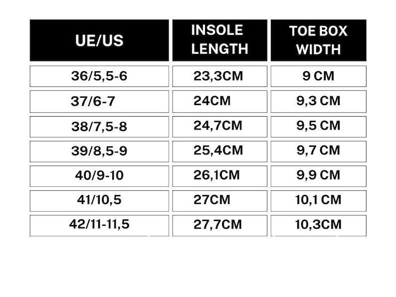 May include: A shoe size chart with measurements in centimeters. The chart includes EU/US sizes, insole lengths, and toe box widths. Sizes range from 36/5.5-6 to 42/11-11.5.