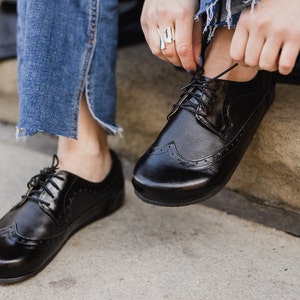 Pieds Nus, Femme OXFORD, Chaussures Femme d'Affaires Élégantes, Cuir, Fait Main, Zero Drop, Oxfords À Lacets SEMELLE EN CAOUTCHOUC Noir, Écossais, À La Mode image 1