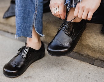 Pieds Nus, Femme OXFORD, Chaussures Femme d'Affaires Élégantes, Cuir, Fait Main, Zero Drop, Oxfords À Lacets SEMELLE EN CAOUTCHOUC Noir, Écossais, À La Mode