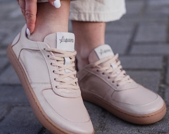 Beige Barefoot Sneakers Women – Minimalist Leather Shoes, Zero Drop Wide Toe Box, Cream Natural Sole Barefoot Shoes