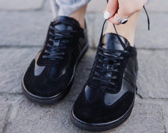 Barefoot Sneakers Women Black – Minimalist Leather Shoes, Wide Toe Box, Zero Drop Shoes, Handmade Comfortable Walking