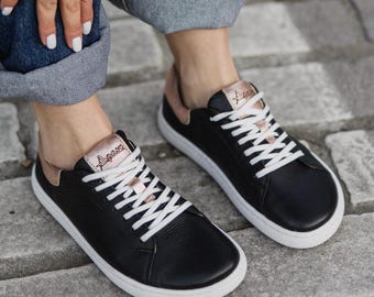 Women Barefoot Black Sneakers Rose Gold – Minimalist Wide Toe Box Zero Drop Leather Casual Shoes