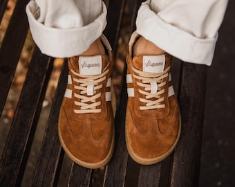 Barefoot Women's Suede Sneakers – Handmade Camel Leather Flats, Zero Drop, Wide Toe Box, Natural Lined Apavo Shoes