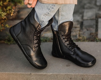 Botas Zero Drop | Descalzas | Hechas a mano | de cuero auténtico | Zuecos minimalistas con puntera ancha | Botas de cuero hechas a mano