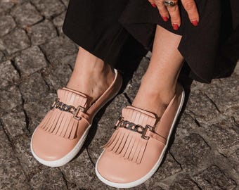 Chaussures minimalistes | Mocassins classiques | Baskets femme | Cuir | Fait main | Semelle plate | Rose poudré