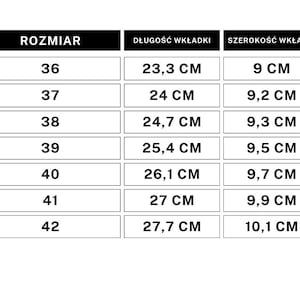 May include: A size chart showing shoe sizes in European sizes, with corresponding insole length and width measurements in centimetres.