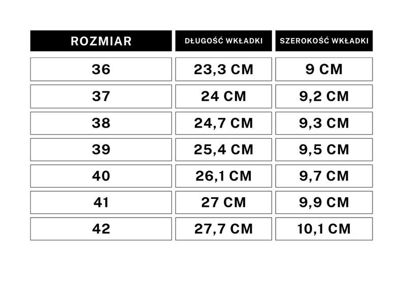 May include: A size chart showing shoe sizes in European sizes, with corresponding insole length and width measurements in centimetres.