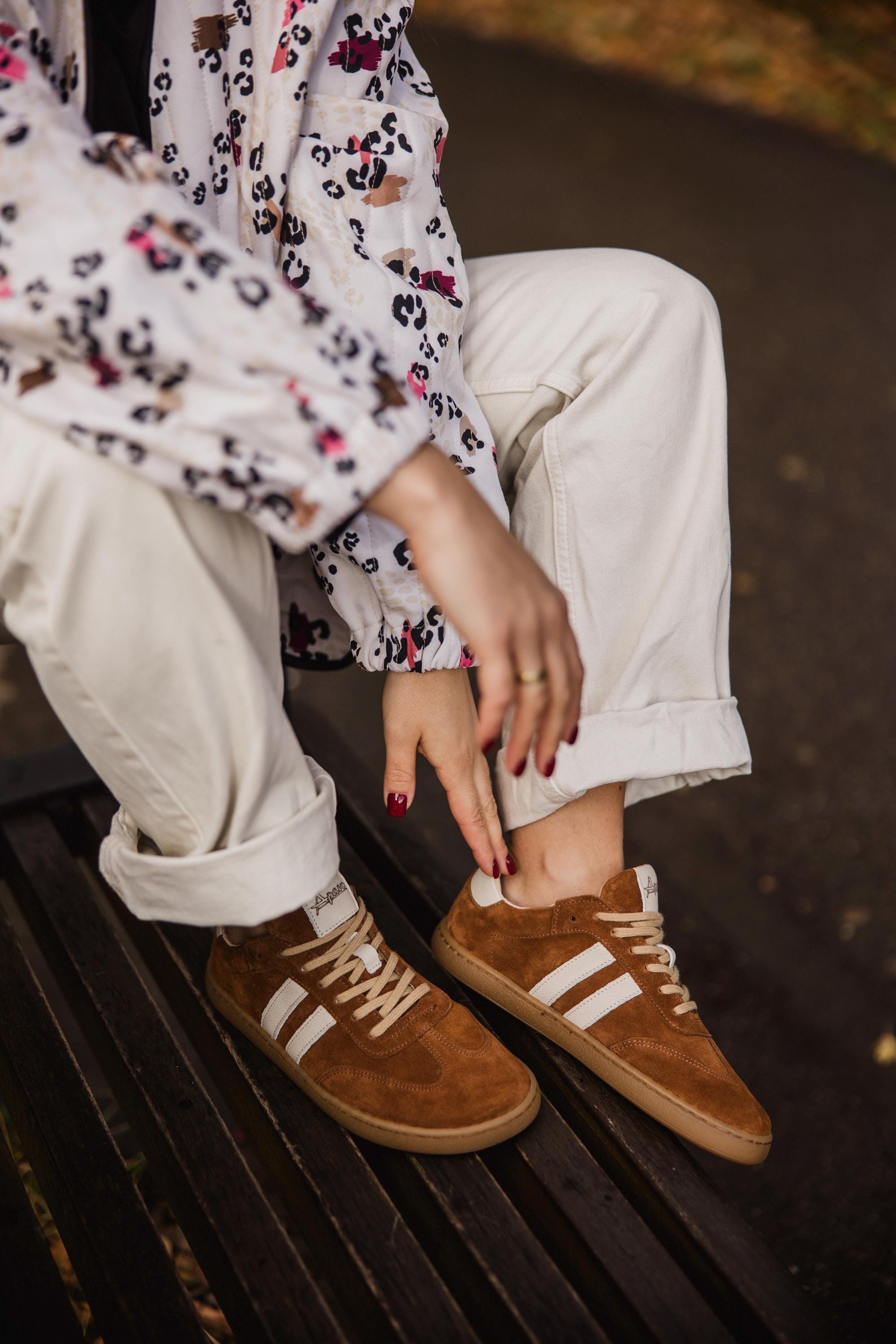 Barefoot Women's Suede Sneakers – Handmade Camel Leather Flats