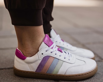 Barefoot Sneakers Women White Leather | Minimalist Shoes Wide Toe Box Zero Drop | Colorful Stripes Green Blue Purple | Livia II