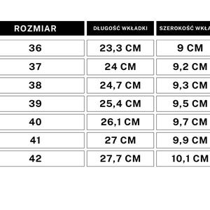 May include: A size chart showing shoe sizes in European sizes, with corresponding insole length and width measurements in centimeters.