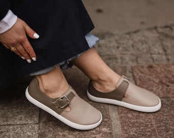 Barefoot Shoes Women Leather Cappuccino Brown – Wide Toe Box Minimalist Shoes with Buckle – Zero Drop Comfortable Walking Shoes