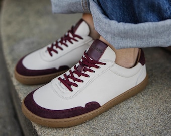Women Barefoot Sneakers Burgundy Cream – Minimalist Leather Shoes, Zero Drop Wide Toe Box, Handmade Barefoot Shoes, Comfortable Walking