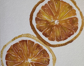 Oryginalny obraz akwarelowy z plasterkami pomarańczy, martwa natura z cytrusami na płótnie