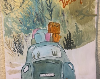 Vintage Car Watercolor Illustration, Cozy Road Trip Landscape Art