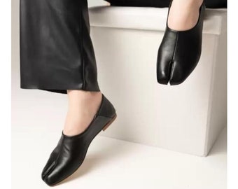 Tabi Ballet Shoes: Split-Toe Flats, Tabi Ballet Flats, Black Tabi Flats, Genuine Leather Tabi Shoes