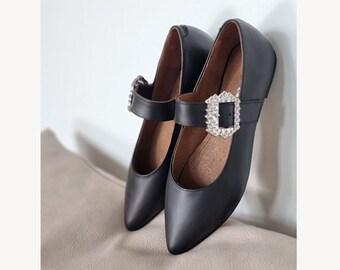 Mary-Jane Black Genuine Leather Shoes, Retro Style Ballet Flats, Handcrafted Shoes, Gift for Her