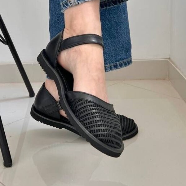 Black Sandals Women, Leather Flats Sandals, Summer Shoes, Barefoot Sandals, Ankle Strap Sandals