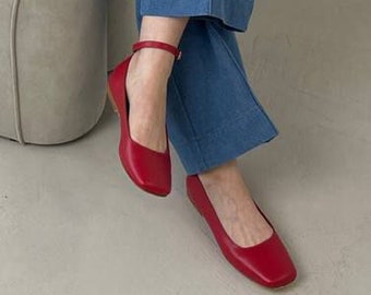 Mary-Jane Red Genuine Leather Shoes, Retro Style Ballet Flats, Handmade Shoes, Square Toe Shoes, Classic Style, Flat shoes, Spring outfit