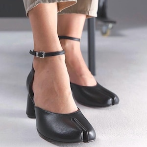 Black Tabi Heels – Ankle Strap Leather Pumps, Handmade Split Toe Mary Jane Shoes, Japanese Minimalist Style