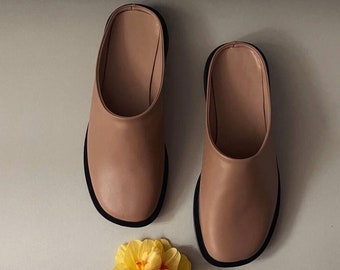 Mules en cuir marron, mules femme, mules à bout rond