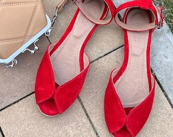Suede Sandals – Peep Toe Flats with Ankle Strap, Soft Summer Shoes for Women