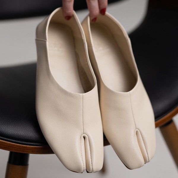 Tabi Flats for Women: Split-Toe Shoes (White Genuine Leather) | Summer Trend