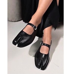Black Leather Split Toe Mary Tabi Shoes – Genuine Leather Women's Footwear image 2