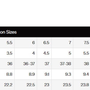 May include: A women's shoe size conversion chart. It displays sizes for the UK, US & Canada, and Europe, alongside measurements in inches and centimeters. The chart shows sizes from UK 2 to 8, with corresponding measurements in cm and inches.
