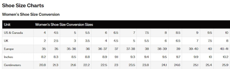 May include: A women's shoe size conversion chart. It displays sizes for the UK, US & Canada, and Europe, alongside measurements in inches and centimeters. The chart shows sizes from UK 2 to 8, with corresponding measurements in cm and inches.