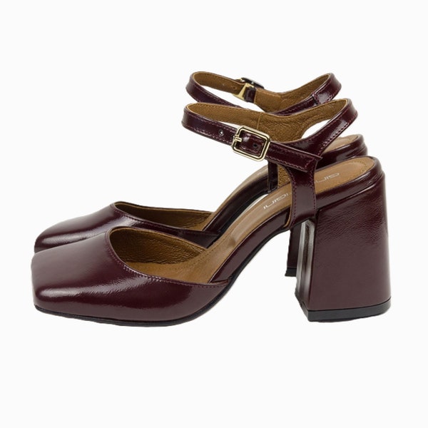 Burgundy Patent Mary Jane Heels - Square Toe, Ankle Strap, Vintage Vibe