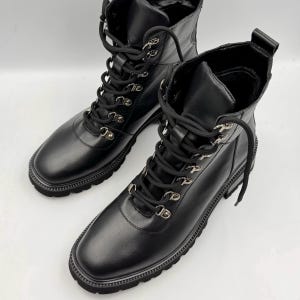 Zwarte leren gevechtslaarzen, dameslaarzen, chelsealaarzen met veters, enkellaarzen dames, zwarte militaire laarzen dames, herfstschoenen