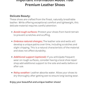 May include: A white background displays text: "Important Information About Your Premium Leather Shoes." The text offers advice on caring for leather shoes, such as avoiding rough surfaces and wet conditions.