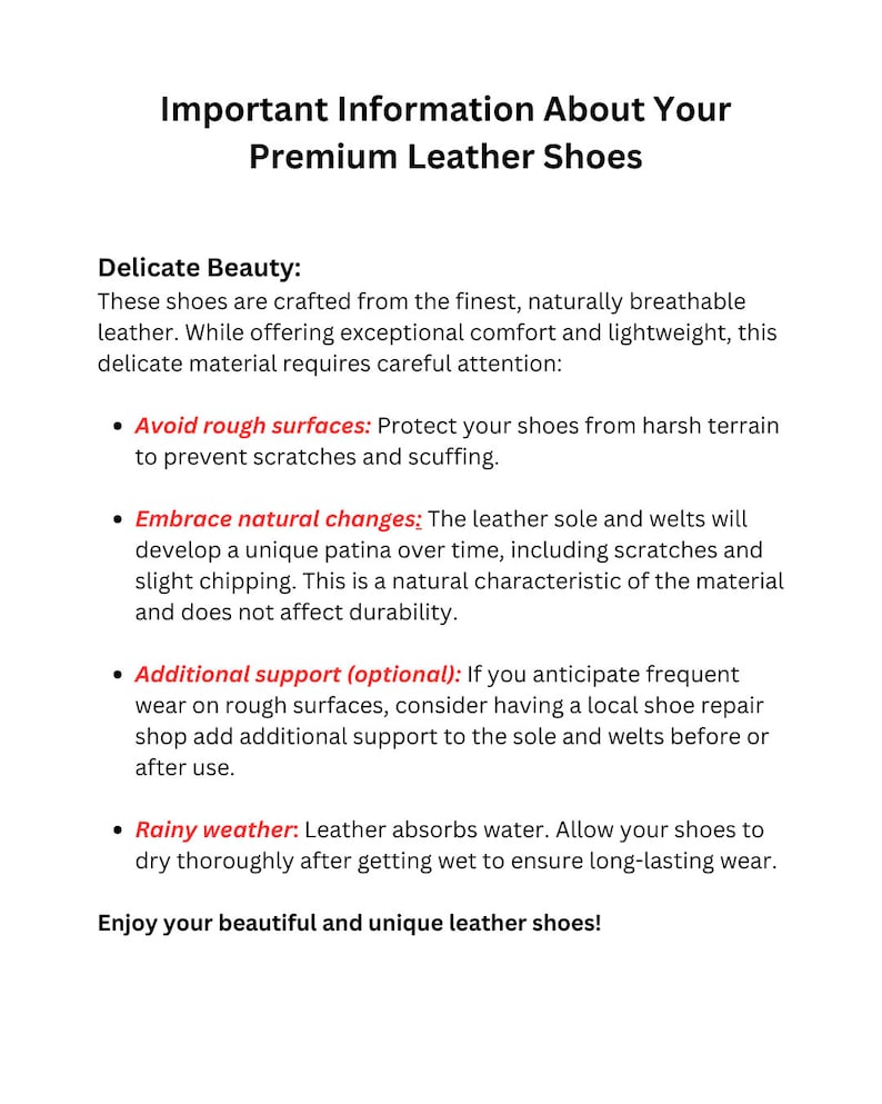 May include: A white background displays text: "Important Information About Your Premium Leather Shoes." The text offers advice on caring for leather shoes, such as avoiding rough surfaces and wet conditions.