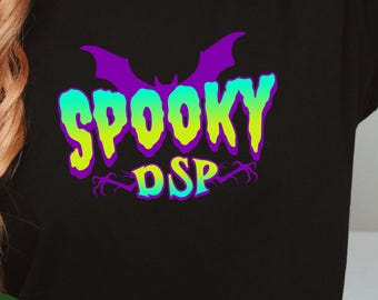 Spooky DSP Halloween T-shirt, Comfort Colors® Tee, Cute Eerie Bat Shirt, Funny Direct Support Professional Appreciation Gift, Neon Gradient