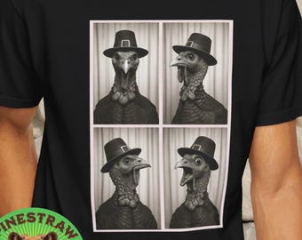 FunnThanksgiving Turkey Photo Booth T-Shirt, Vintage Black & White Style, Pilgrim Hat Turkey Tee, Comfort Colors®, Holiday Fall Season Gift