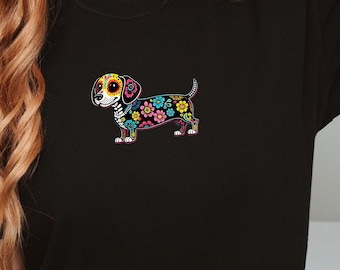 Sugar Skull Dog T-Shirt, Comfort Colors Tee, Full Skeleton Cartoon Dia de los Muertos Shirt, Fun Halloween, Day of the Dead Gift, Dachshund