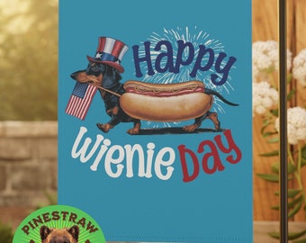 Faixa de jardim e casa feliz Dia da Salsicha, Bandeira de 4 de julho, Presente para amantes de cães, Faixa do Dia da Independência, Dachshund fofo, Quatro de julho, Patriótico