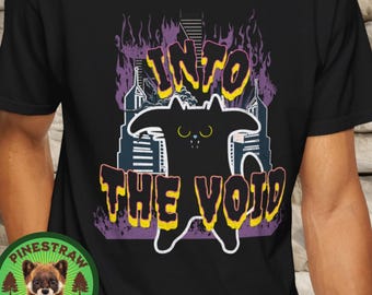 Funny Black Cat T-Shirt, Into the Void Cat Shirt, Black Cartoon Cat, Burning Cityscape, Comfort Colors® Tee, Halloween Black Cat Lover Gift
