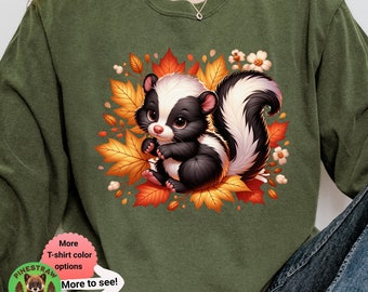Folkart Skunk in Autumn Leaves Comfort Colors Long Sleeve T-shirt, Cute & Cozy Fall Animal Tee Fall Seasonal Holiday Gift, Skunk Lover Shirt
