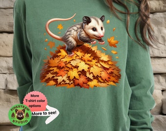 Baby Possum Autumn Leaves T-shirt, Cute & Cozy Fall Animal Tee, Comfort Colors Long Sleeve Shirt, Fall Seasonal Holiday Gift, Possum Lover
