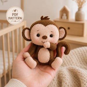 Monkey Felt Pattern PDF, Beginner Sewing Template for Jungle Plush Toy