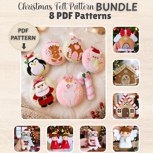 Christmas Felt Pattern Bundle – 8 PDF Patterns (Sweet Christmas, Teddy Boy & Girl, 3 Gingerbread Houses, Angels DIY Felt Ornament Sewing Set