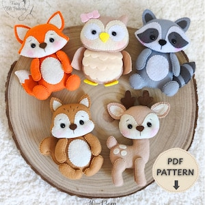 Patron PDF en feutrine d'animaux de la forêt – Patron de couture d'animaux en feutrine – Mobile pour bébé Animaux de la forêt (Renard, Cerf, Raton laveur, Hibou, Écureuil)