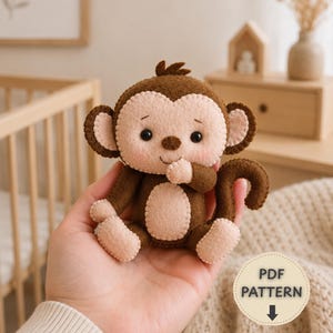 Monkey Felt Pattern PDF, Beginner Sewing Template for Jungle Plush Toy